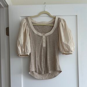 Ulla Johnson Gray and Tan Puff Sleeve Blouse